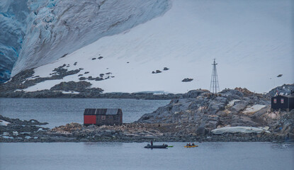 Port Lockroy Antarctica Penguin Post Office Close Up Kayaking Rafting. Remote British Science Station. Penguin Colony Habitat Frozen Landscape