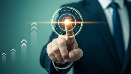 Fototapeta premium Businessman pointing at target icon in futuristic blue glow with gradient lighting for corporate presentation