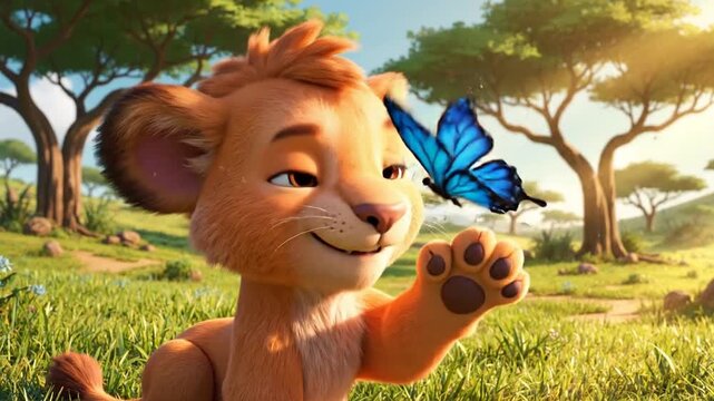 Adorable lion cub playfully interacts with a beautiful blue butterfly in a sun-drenched meadow, capturing a moment of gentle friendship and nature's wonder