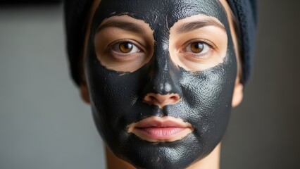 Female adult with black facial mask for skincare routine improving complexion and texture focused on beauty and wellness