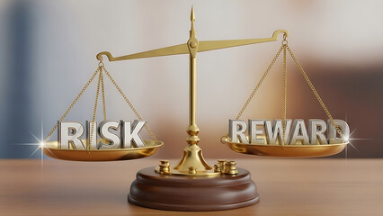 Fintech 3d data visualization showcasing the balance between risk and reward on a golden scale, symbolizing financial decisions.