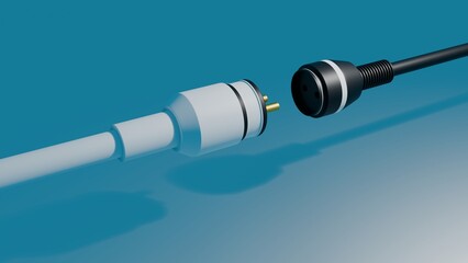 3D render of white and black industrial connectors about to join on a blue background, connectivity and data transfer concept