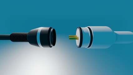 3D render of white and black industrial connectors about to join on a blue background, connectivity and data transfer concept