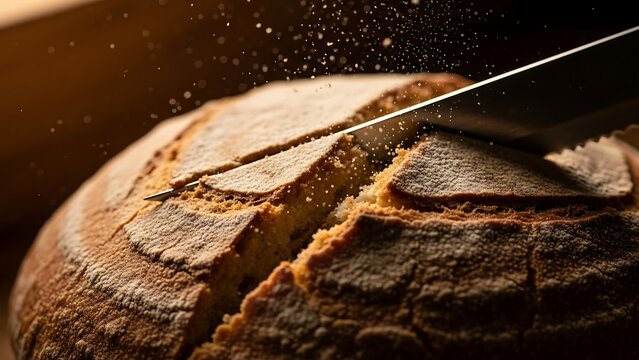 Crusty bread being sliced with knife.
