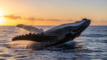 Humpback Whale Breaching Ocean Surface Sunset.