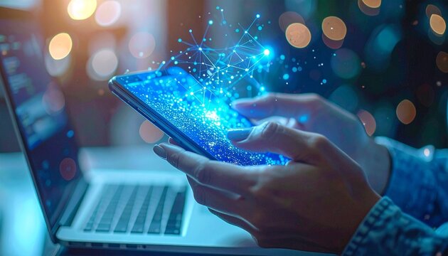 Hands holding a glowing smartphone with dynamic digital data streams, symbolizing global communication, network connectivity, and the future of mobile technology - Powered by Adobe