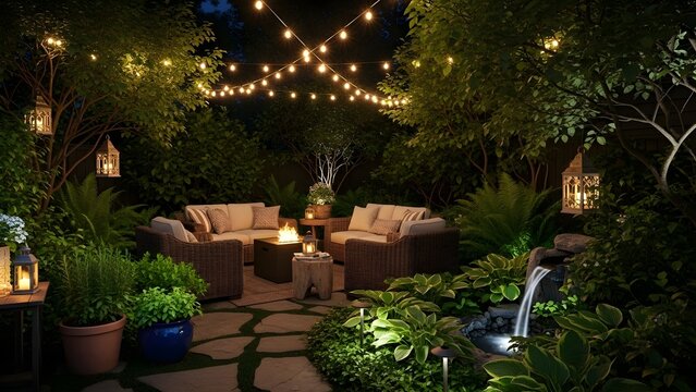 Outdoor gathering space night scene with decorative lighting