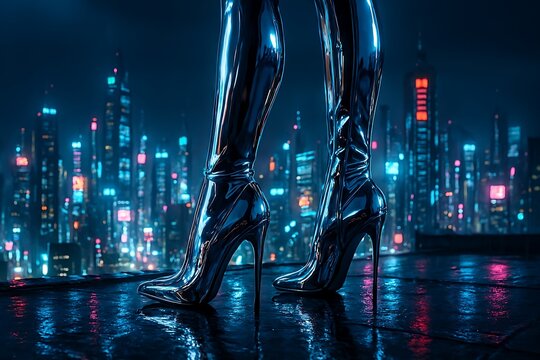 Cyberpunk aesthetic, full-body view of sleek, chrome-plated high-heel boots standing on a wet rain-slicked rooftop at night. The polished metallic surface perfectly reflects a sprawling futuristic cit