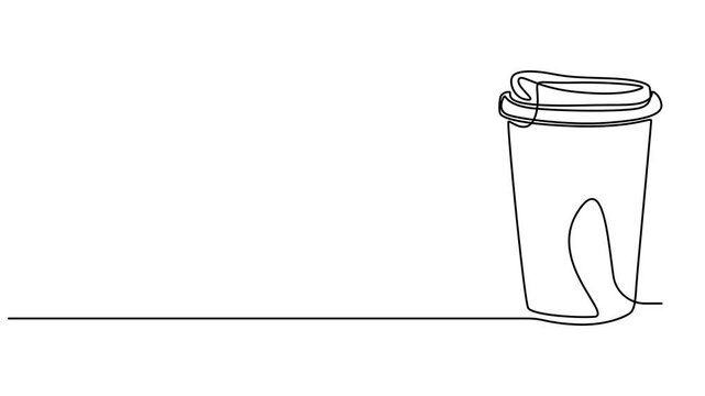 Animation of one line drawing of paper cup of hot coffee. Concept of drink to go. Continuous line self drawing. Animated illustration. 4K, Animated self drawing of Coffee to go continuous line vector