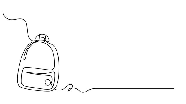 Bag pack One continuous single line hand drawn isolated background template, Backpack. One line drawing vector illustration, Self drawing line animation school backpack bag Back to school education