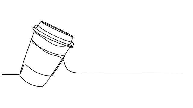 Animation of one line drawing of paper cup of hot coffee. Concept of drink to go. Continuous line self drawing. Animated illustration. 4K, Animated self drawing of Coffee to go continuous line vector