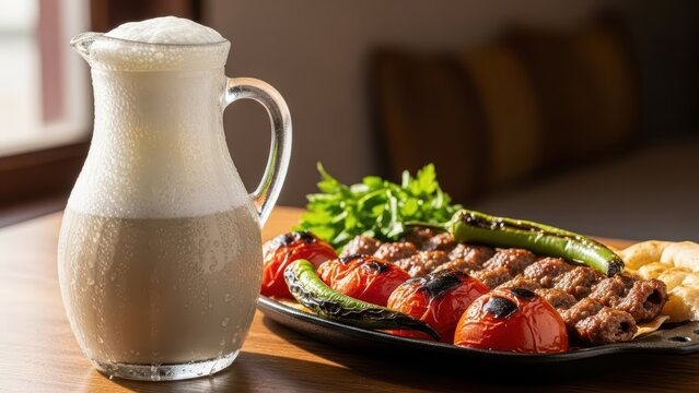 Traditional turkish aryan and grilled meat with vegetables on a plate, featuring charred tomatoes and peppers