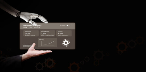 Automation concept. Robot and human hand with automate dashboard and performance metrics. AI integration, increased efficiency, cost reduction, digital process optimization in business and technology