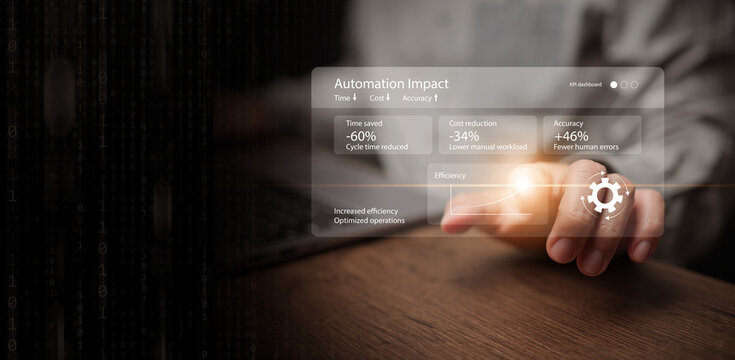 Automation impact concept. A man hand works on digital automate dashboard showing improved efficiency, reduced cost, higher accuracy. Enterprise AI transformation, smart process, business automation.