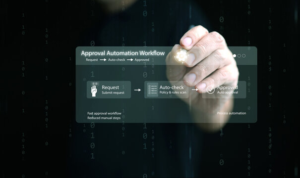 A man with a stylus tapping on digital interface showing automated approval workflow system with binary code background. Smart automation business process and digital transformation technology. - Powered by Adobe