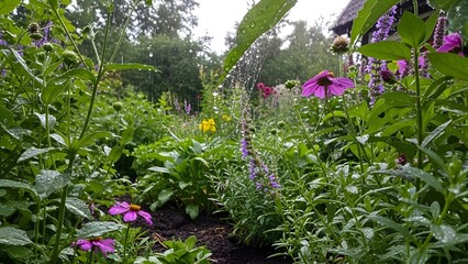 Garden landscape with colorful flowers and rain