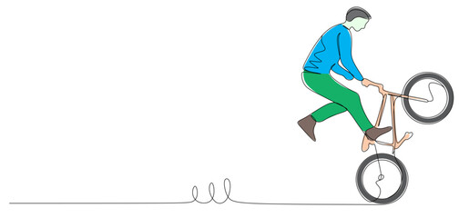 Obraz premium Continuous line art of a man showing off his cycling skills. free style of cycling. Vector illustration with color.