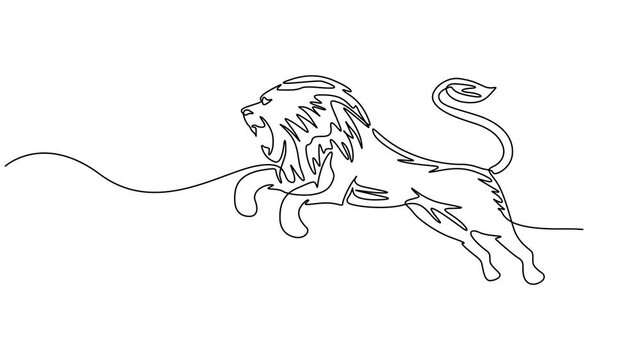 One continuous line illustration of an lion , isolated on white background, Continuous line drawing lion walking, Side view single linear decorative design concept. Lion abstract linear minimal style