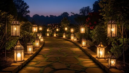 Evening pathway illuminated by lanterns