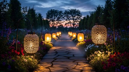Evening garden path illuminated by lanterns