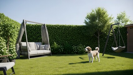 Dog in a garden with a swing and sofa