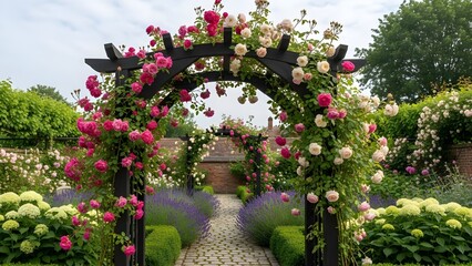 Rose covered arbor garden pathway