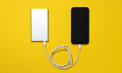A portable power bank charging a smartphone on a vibrant yellow background viewed from directly above