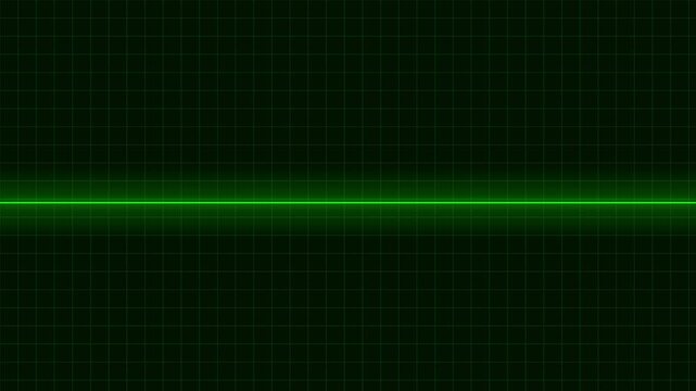 Green flatline on a dark grid monitor, symbolizing the cessation of life or an abrupt end