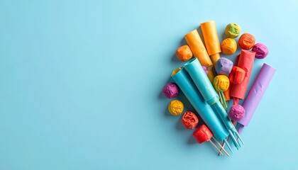 Overhead shot of a playful cluster of brightly colored wrapped frozen candies and popsicles on sticks against a pastel light blue background offering ample room for text perfect any project