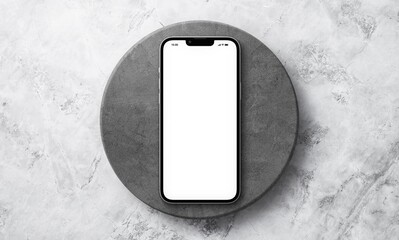 Modern smartphone with blank screen on a circular grey surface against a marble background
