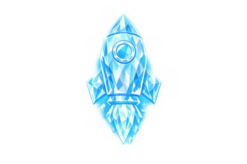 Blue crystal rocket taking off, symbolizing business startup, innovation, success, growth, and launch. Transparent background