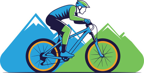 Fototapeta premium Vibrant vector illustration of a mountain biker conquering challenging trails, embodying the thrill of outdoor adventure and a healthy, active lifestyle amidst picturesque landscapes
