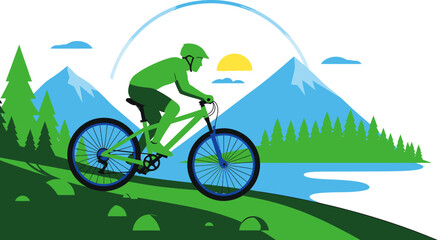 Mountain biker on a downhill trail. Active outdoor adventure illustration with mountains, lake, and trees at sunrise