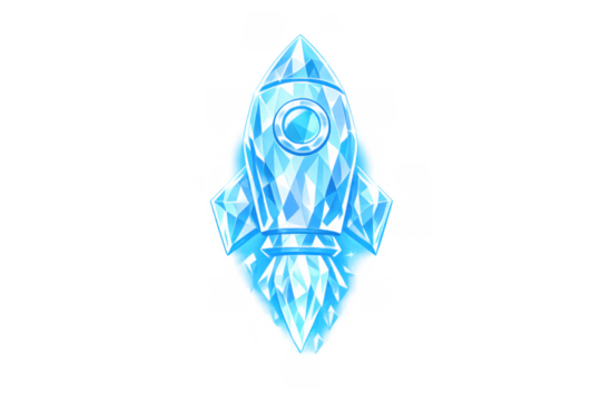 Blue crystal rocket taking off, symbolizing business startup, innovation, success, growth, and launch. Transparent background - Powered by Adobe