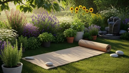 Yoga mat and garden landscape