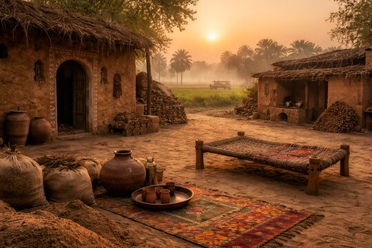 Traditional rural village courtyard with mud huts and charpai under warm sunset golden light