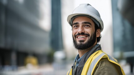 A confident construction worker smiles broadly while wearing a hard hat and reflective vest. Standing amidst a bustling construction site, he radiates satisfaction and pride at dawn