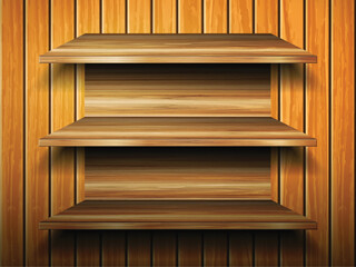Wooden shelves on wooden background
