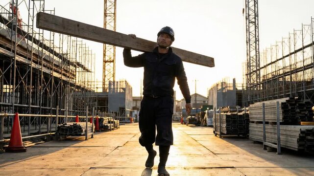 Japanese construction worker carrying heavy timber on shoulder