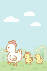 Mother Duck and Her Ducklings  Cartoon Style.