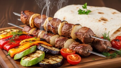 Grilled beef skewers with assorted vegetables and flatbread on wooden board