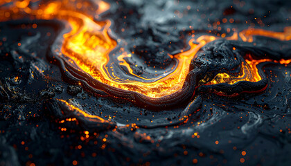 Molten Flow: A fiery stream of molten rock snakes across a textured landscape, creating a vivid display of nature's raw power.