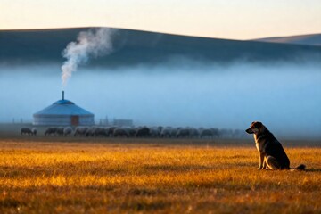 Dog sitting in a golden field at dawn with a traditional yurt and herd in the background, mist rising over the steppe