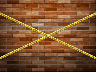 Police line tape on bricks background. Vector illustration.