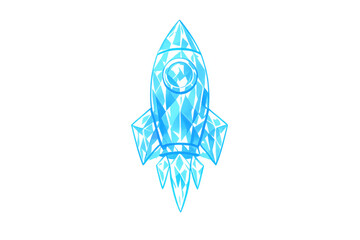 Rocket ship taking off, launching into space, blue geometric design symbolizing futuristic technology and innovation, transparent background