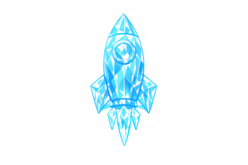 Rocket ship taking off, launching into space, blue geometric design symbolizing futuristic technology and innovation, transparent background