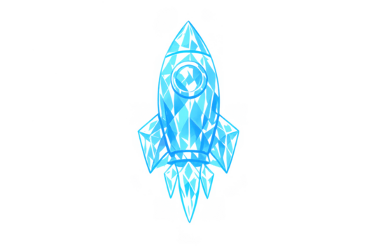 Rocket ship taking off, launching into space, blue geometric design symbolizing futuristic technology and innovation, transparent background - Powered by Adobe