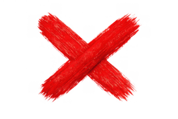 Red paint brush stroke forming x mark, representing rejection, error, wrong, checkmark, denial on transparent background