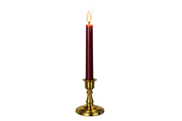 Red burning taper candle in brass candlestick providing warm light for decoration and ambiance, transparent background