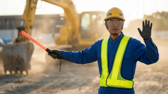 Southeast Asian traffic controller signaling stop with light stick